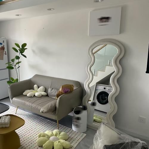 Wavy Full Length Mirror 23.6" W x 63" H - Velvet Leaning or Wall-Mounted Mirror for Bedroom, Living Room, Entryway - Stylish Blue Decorative Accent Piece