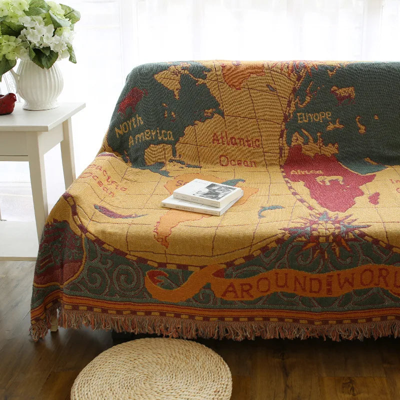 World map Cotton Bohemian Plaids Home Blanket Knitted Dustproof Sofa Cover Blanket Anti-Slip Decorative Blankets For Tea Table