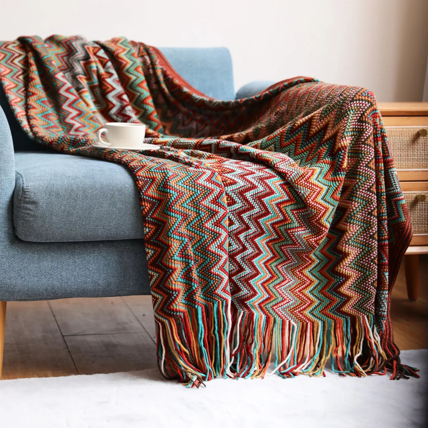Bohemian Bed Blanket Knit Model Home Decoration, Colorful Striped Sofa Cover, Large Size Bedspread, Hotel Bed End Towel Cover
