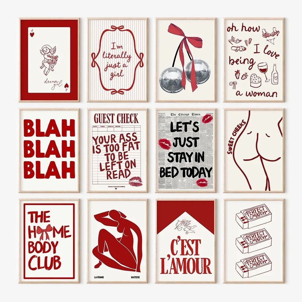 Red Gallery Wall Set Bedroom Room Wall Canvas Painting Cool Cute Retro Posters Decor Murals