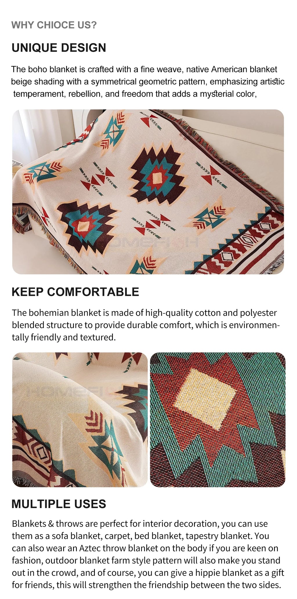 Aztec Blanket Oversized Boho Throw Blanket with Fringe Southwestern Geometric Tapestry Vintage Woven Throw Blankets Double-S