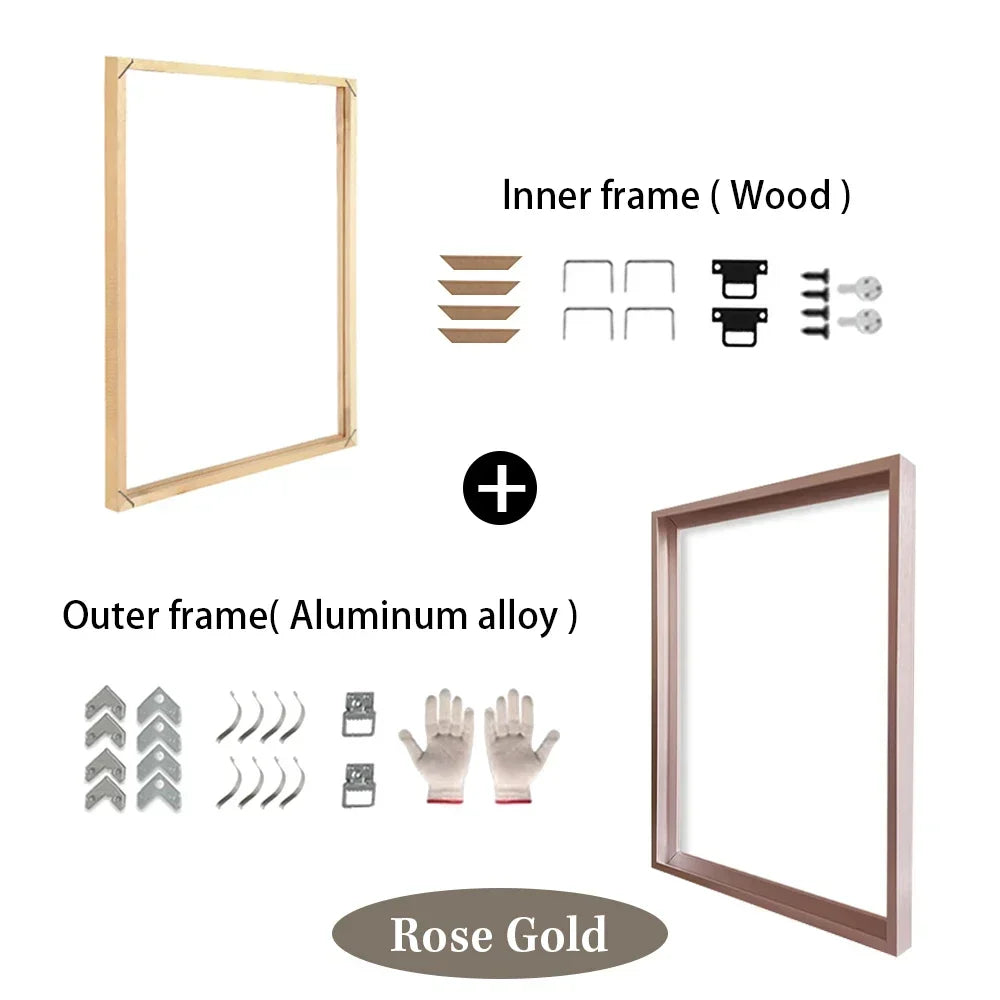 Customized DIY Frame Set in 8 Colors Golden Black Metal Aluminum Frame & Wooden Inner Frame Canvas Poster for Gallery Home Decor