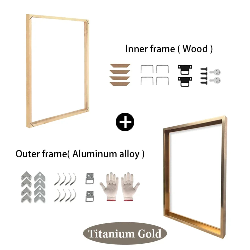 Customized DIY Frame Set in 8 Colors Golden Black Metal Aluminum Frame & Wooden Inner Frame Canvas Poster for Gallery Home Decor