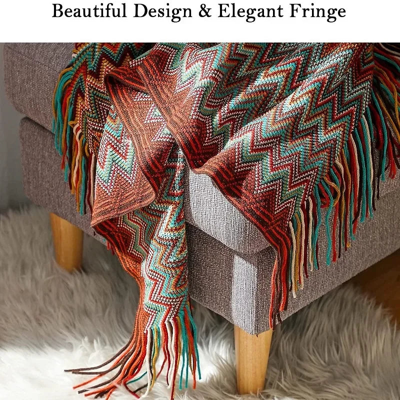 Bohemian Bed Blanket Knit Model Home Decoration, Colorful Striped Sofa Cover, Large Size Bedspread, Hotel Bed End Towel Cover