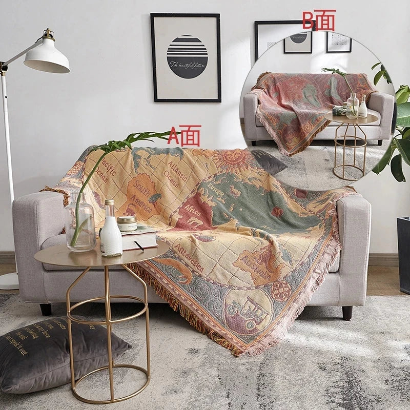 World map Cotton Bohemian Plaids Home Blanket Knitted Dustproof Sofa Cover Blanket Anti-Slip Decorative Blankets For Tea Table
