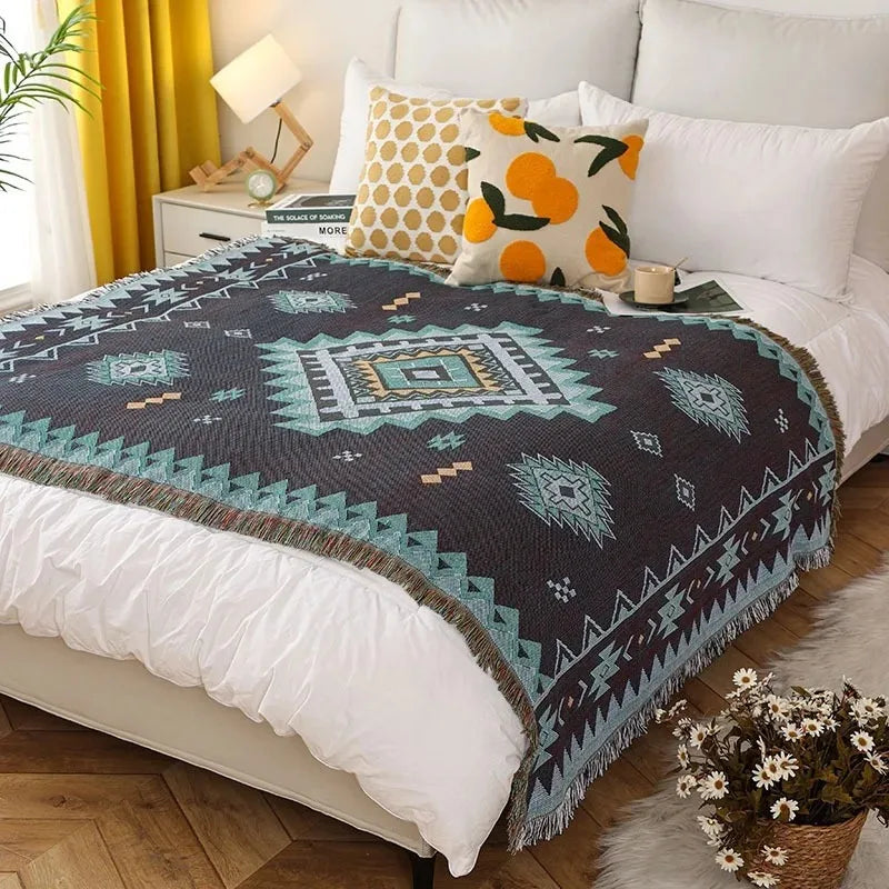 Bohemian Style Throw Blanket Multi Purpose Cozy Design for Sofa Camping Picnic Bed Runner Nap and Leisure