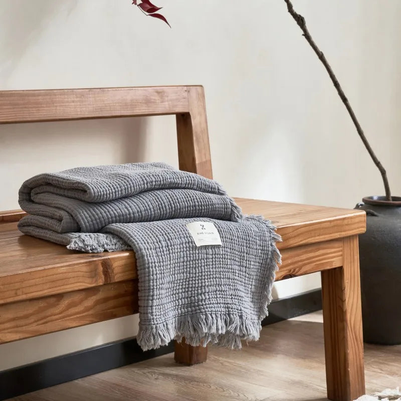 Soft Cotton Blankets Four Layers Of Gauze Sofa Cover Throw Blanket with Tassel Office home Decorative all season