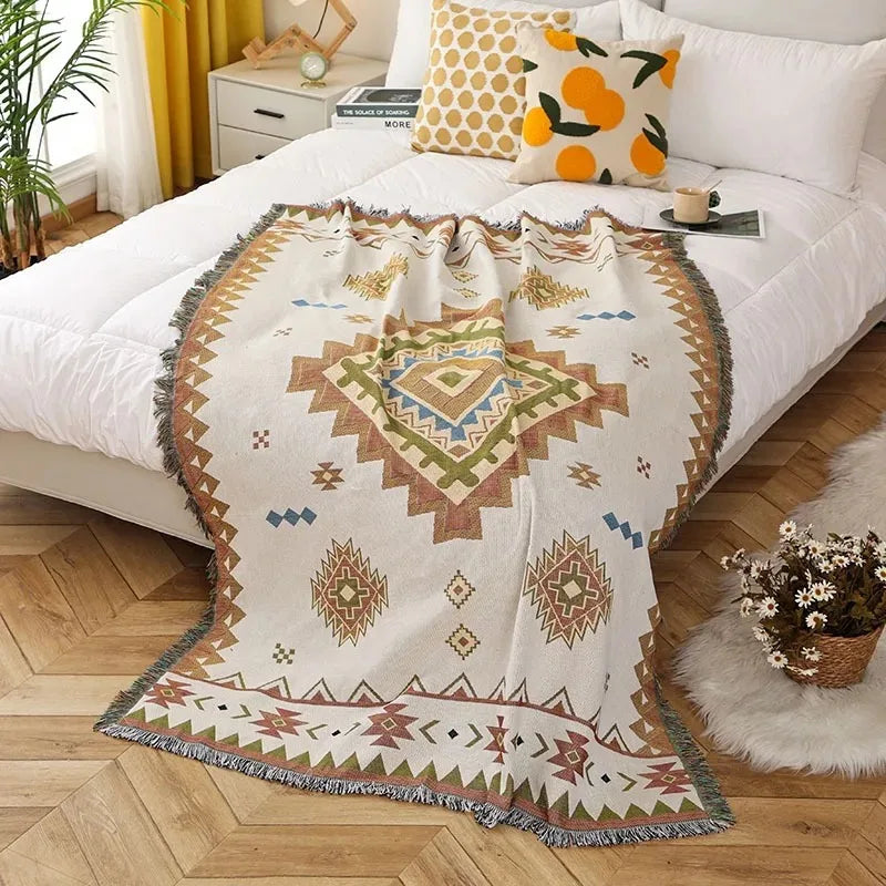 Bohemian Style Throw Blanket Multi Purpose Cozy Design for Sofa Camping Picnic Bed Runner Nap and Leisure