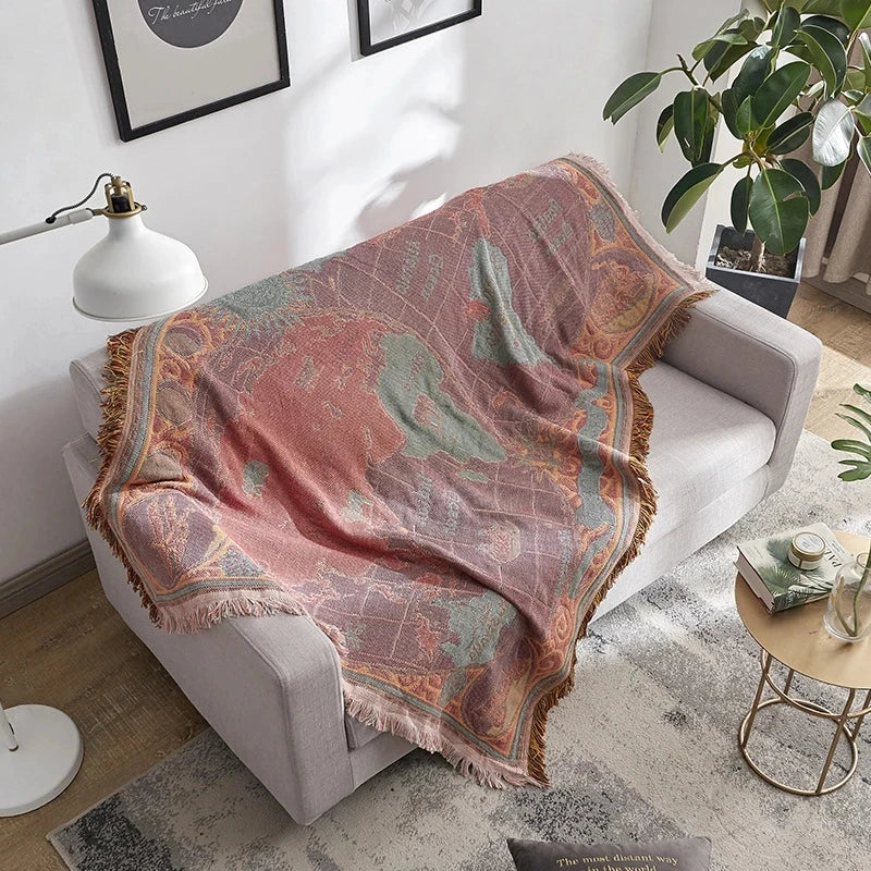 World map Cotton Bohemian Plaids Home Blanket Knitted Dustproof Sofa Cover Blanket Anti-Slip Decorative Blankets For Tea Table