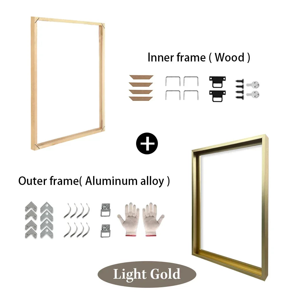 Customized DIY Frame Set in 8 Colors Golden Black Metal Aluminum Frame & Wooden Inner Frame Canvas Poster for Gallery Home Decor
